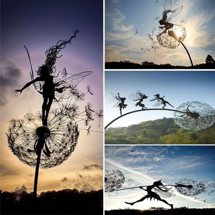 Wetterfeste Garten-Feenfigur aus handgefertigtem Metall. Robuste Outdoor-Deko für magische Feengärten.