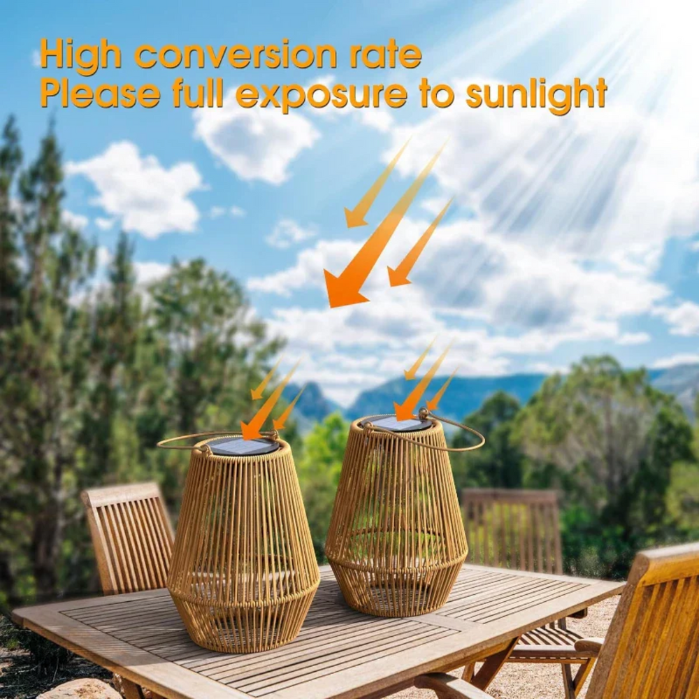 Stilvolle, handgefertigte Rattan-Solarleuchte; wetterfeste LED-Gartenlaterne, energieeffiziente Dekolampe für Außen.