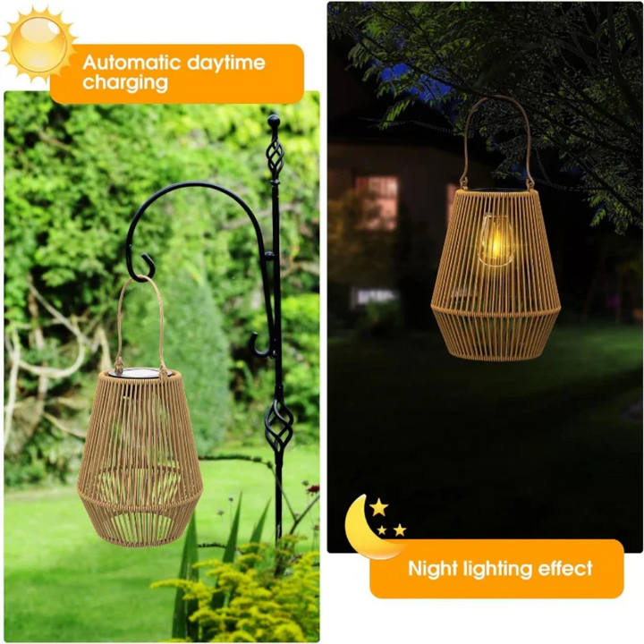 Energieeffiziente Solar-Gartenlaterne aus Rattan, wetterfeste LED-Dekolampe für Außenbeleuchtung im Gartenbereich.