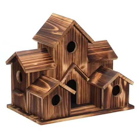 Großes Holz-Vogelhaus mit 6 separate Eingängen bietet Singvögeln sicheren Nistplatz & Futterstelle im Garten.