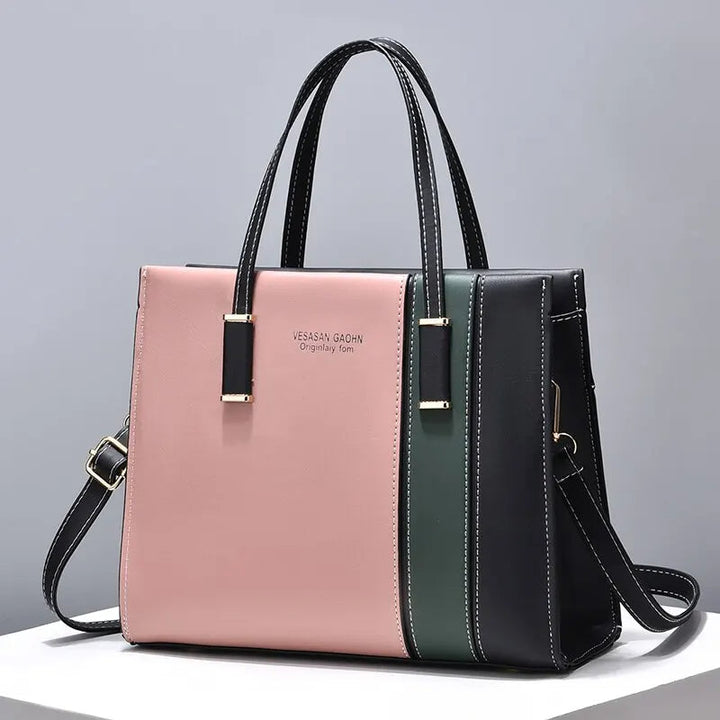 Elegante Patchwork Schultertasche für Damen mit einzigartigem Design. Modische Handtasche in Rot, Rosa, Khaki, Grün.