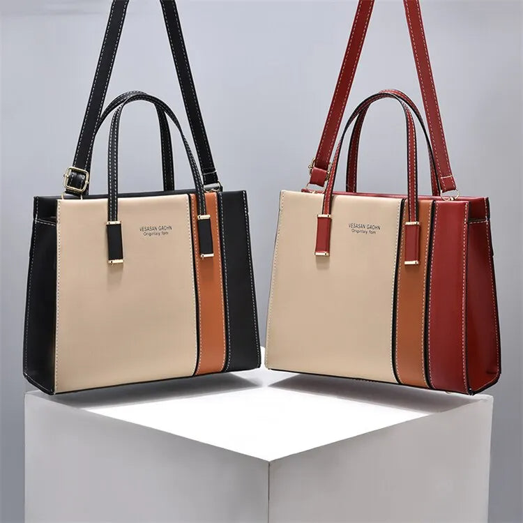Stilvolle Patchwork Damentasche, vielseitig als Schulter- oder Crossbody-Tasche. Trendiges Accessoire für Frauenmode.