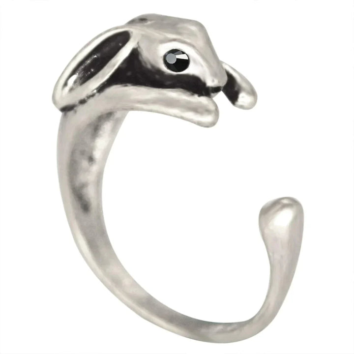 Unisex Glücks-Hasenring, verstellbar, silberfarben. Detaillierter Kaninchenschmuck aus Zinklegierung für Tierliebhaber.