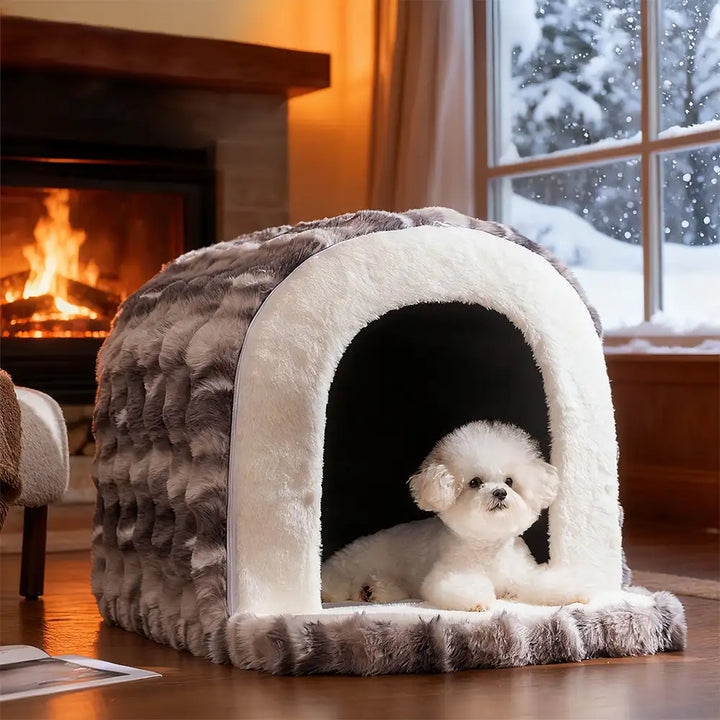 Gemütliches Haustierbett in Höhlenform, weich und beruhigend. Ideal für Hunde und Katzen, die Geborgenheit suchen.
