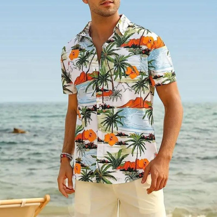 Detailansicht: Muster eines modernen Herren Hawaii Hemdes mit kurzen Ärmeln. Ideal für Frühling & Sommer.