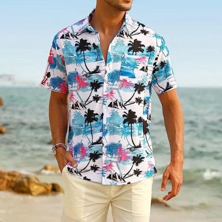 Offenes Herren Kurzarmhemd im Hawaii-Stil, mit farbenfrohem Muster, für lässige Strand- und Frühlingslooks.
