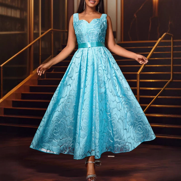 Hellblaues festliches A-Linien Damenkleid mit elegantem Jacquard-Blumenmuster und U-Ausschnitt.