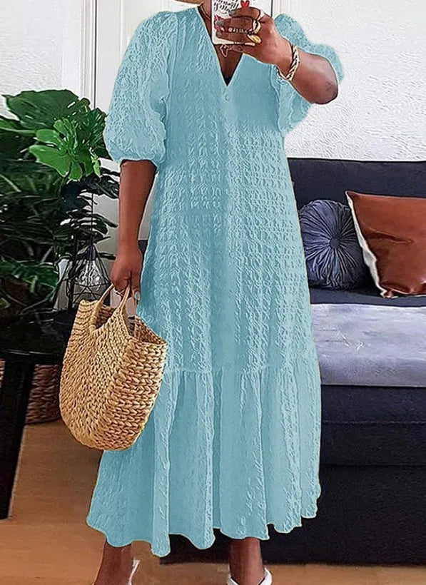 Damen Maxikleid Übergröße mit elegantem V-Ausschnitt und modischen Puffärmeln, perfekt für festliche Anlässe.