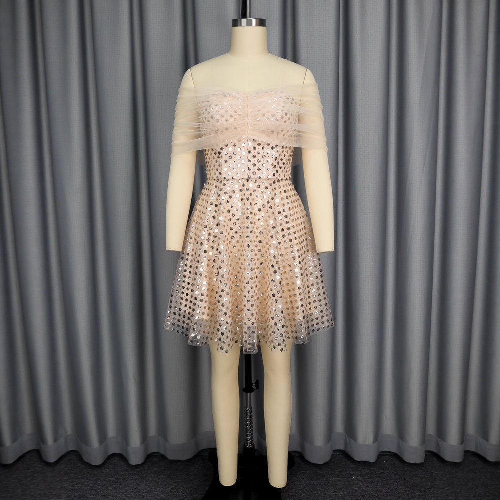 Elegantes Damen Paillettenkleid in Hellrosa mit schimmerndem Tüll-Overlay. Festliche Abendmode, ideal für besondere Anlässe.