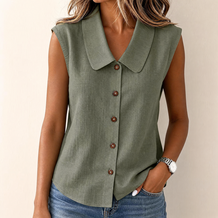 Modisches Damen Oberteil, ärmelloses Sommertop V-Ausschnitt, elegante Freizeitbluse locker geschnitten.
