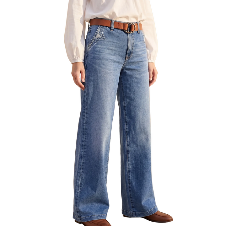 Blaue Damen Flare Jeans mit hohem Bund, Wide-Leg Stil, perfekt für einen schmeichelhaften Vintage-Look.