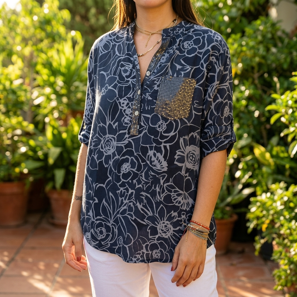 Stylische Damenbluse im floralen Muster, locker geschnitten, ideal für warme Tage.