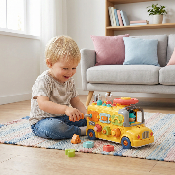 Montessori Schraubbus für Kinder, 7-in-1 Motorik Lernspielzeug zum Bauen & Entdecken.