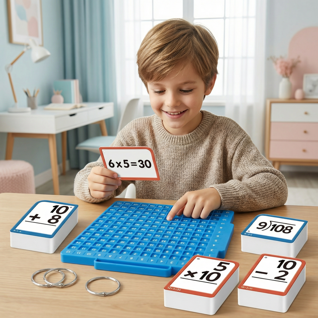 Kinder Mathe Lernkarten Set mit buntem Rechenbrett zum spielerischen Erlernen von Rechnen, ideal für Grundschule.