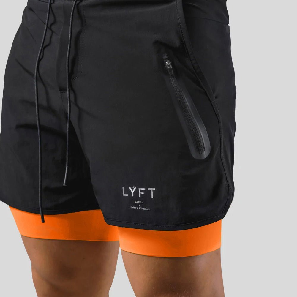 Herren 2-in-1 Sportshorts für Performance. Schnelltrocknende Trainingsshorts mit Kompressionsinnenshorts.