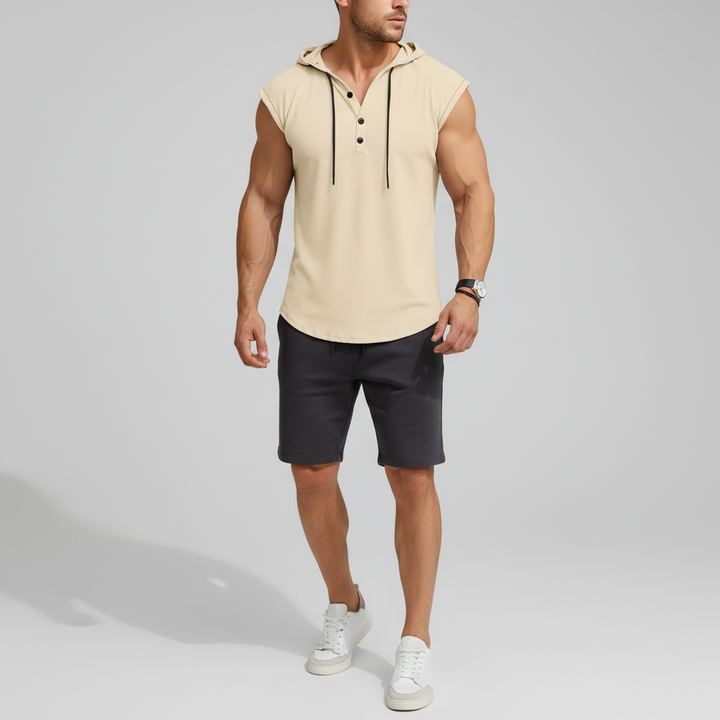 Komfortables Herren Henley Tanktop mit Kapuze, ärmellos, schnelltrocknend für Sport, Workout & Freizeit.