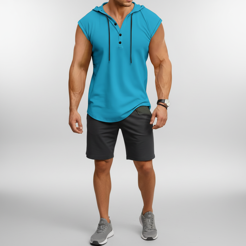 Vielseitiges Herren Tanktop mit Kapuze & Henley-Kragen; atmungsaktiv, für Training, Sport, Fitness & Sommer.
