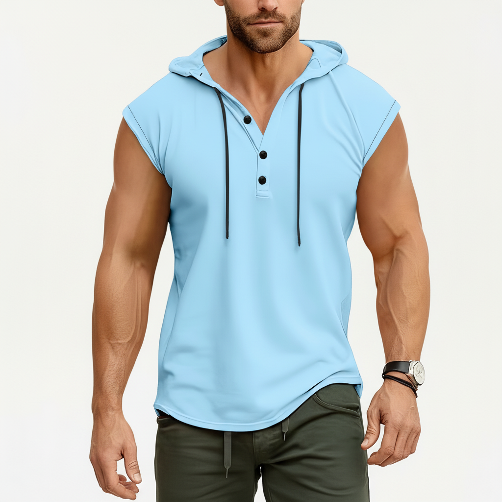 Männer ärmelloses Henley Tanktop mit Kapuze für Gym & Sport, schnelltrocknend & komfortabel; ideal für Training.