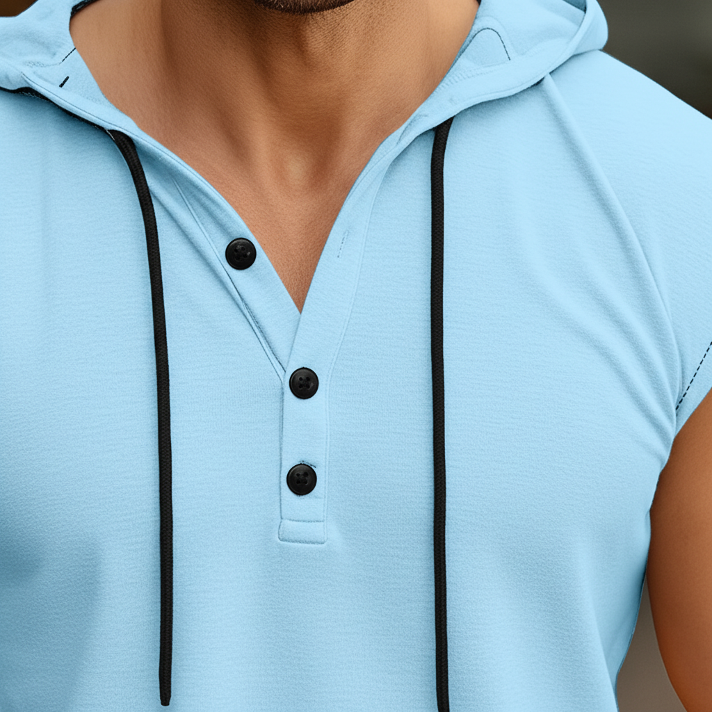 Bequemes Herren Kapuzen Tanktop im Henley-Stil für Activewear & Freizeit; atmungsaktiv & perfekt für Sommer.