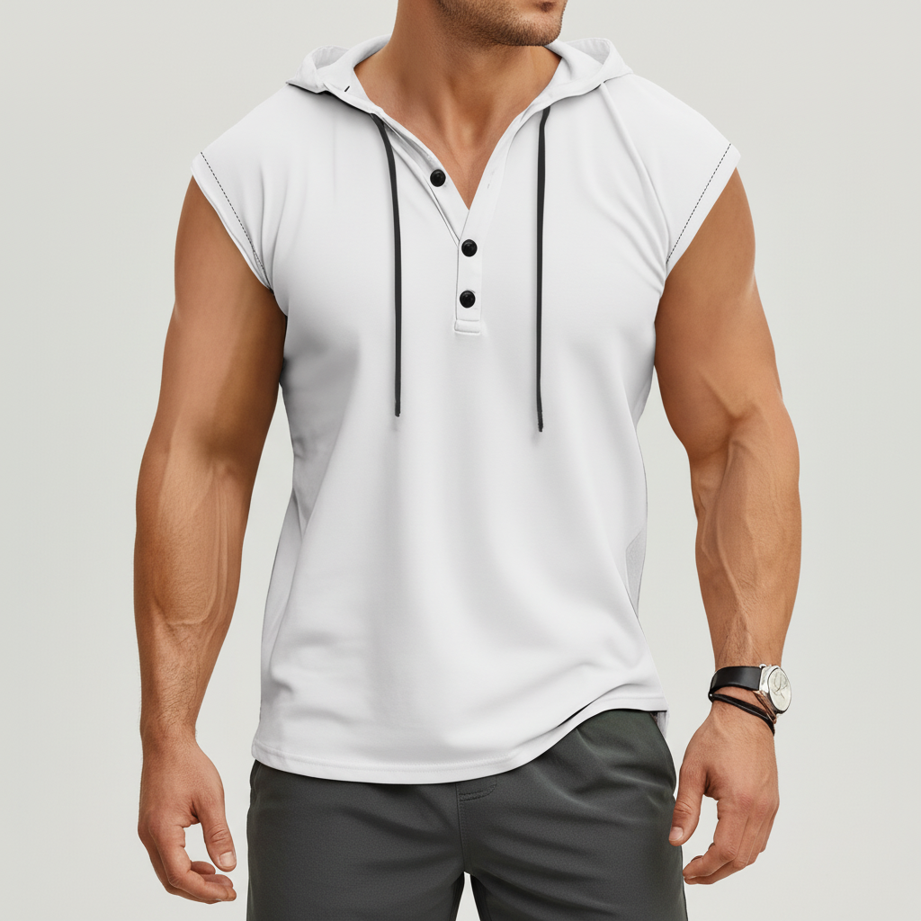 Herren Gym Tanktop mit Kapuze und Henley-Knopfleiste; ärmelloses Sportshirt für intensives Training & Fitness.