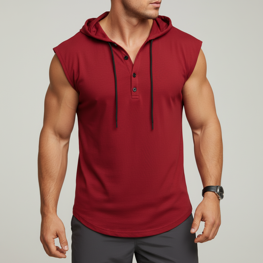 AeroVibe Herren Henley Tanktop mit Kapuze, atmungsaktiv & schnelltrocknend; optimal für Training & Sport.