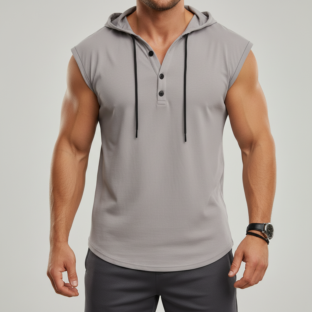 Schnelltrocknendes, atmungsaktives Herren Tanktop mit Kapuze & Henley-Kragen; perfekt für Sport & Workout.