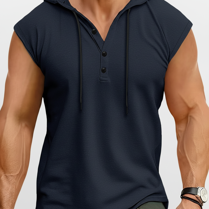 Modisches Herren Activewear Tanktop mit Kapuze, ärmelloser Henley-Stil; ideal für Gym & täglichen Komfort.