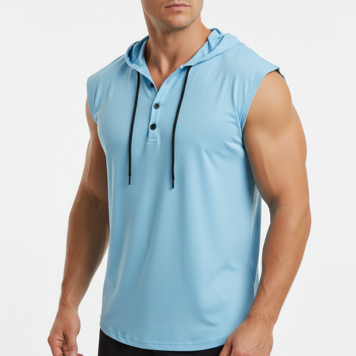 Herren Kapuzen-Tanktop, ärmelloses Henley-Shirt für Fitnessstudio & Training; AeroVibe Sportbekleidung.