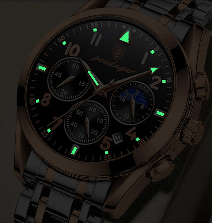 Klassische Herren Armbanduhr aus Edelstahl am Handgelenk. Elegant, präzise und wasserdicht für den Alltag.