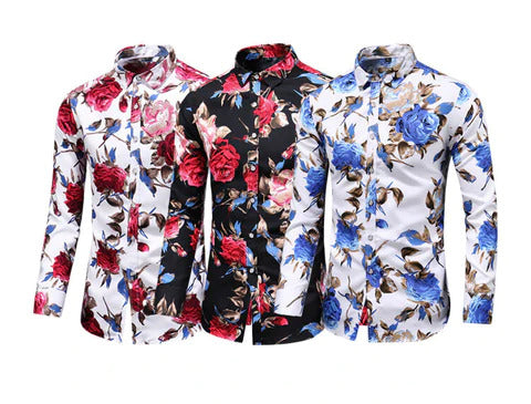 Nahaufnahme: Trendiges Herren Blumenmuster Hemd "Finn" mit lebendigen Farben, moderne Männer Mode.