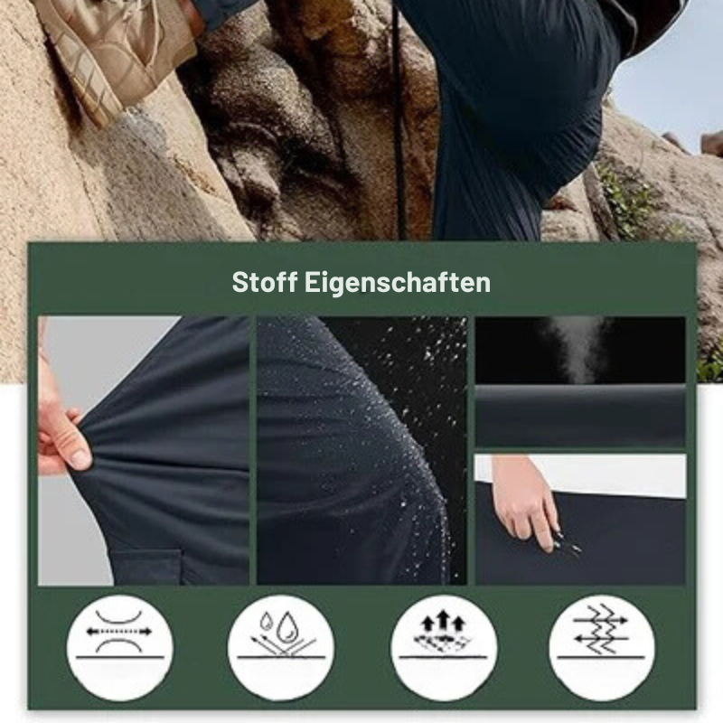 Detailaufnahme der schnelltrocknenden Herren Stretch Cargo-Hose in Schwarz. Ideal für Reisen, Wandern & Freizeit.