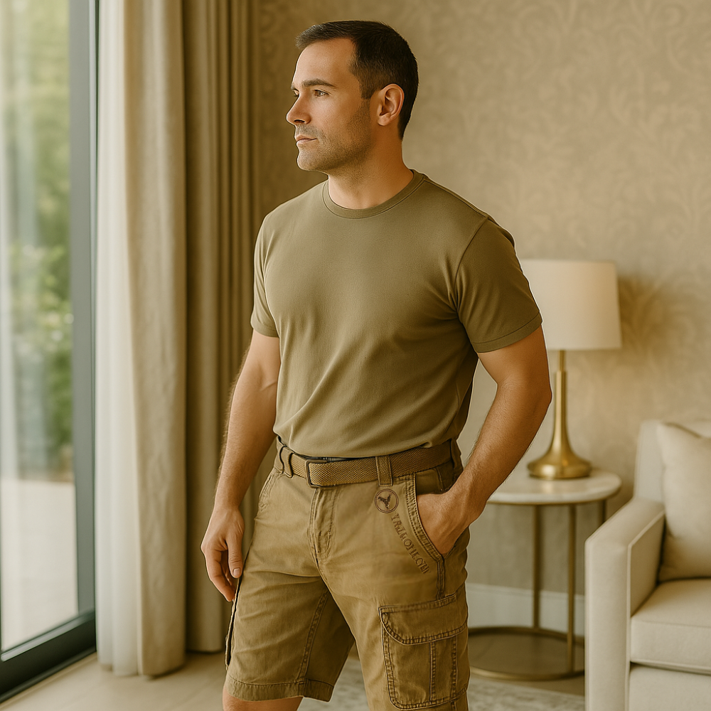 Dunkelblaue Herren Cargo-Shorts, strapazierfähig & praktisch für Urlaub. Robuste kurze Hosen.