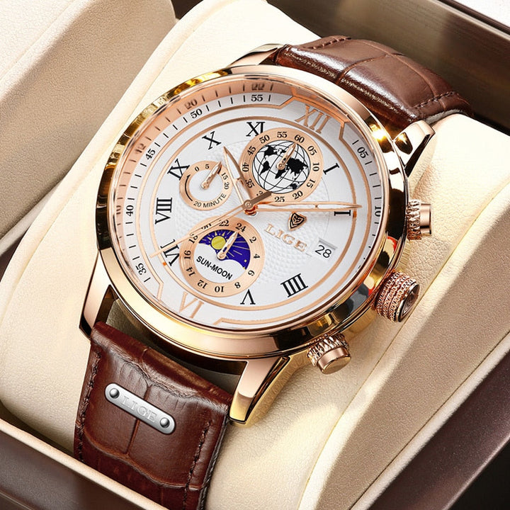 Herren Chronograph Armbanduhr mit schwarzem Echtlederarmband und klassischem silbernem Zifferblatt.