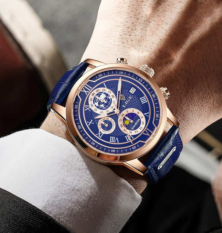 Zeitlose Herrenuhr: Chronograph mit Lederarmband auf edlem Hintergrund, Ausdruck von Stil und Klasse.