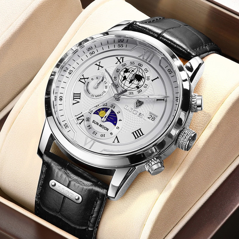 Die elegante Herren Chronograph Armbanduhr mit Echtlederarmband, ein Must-have für jeden modebewussten Mann.