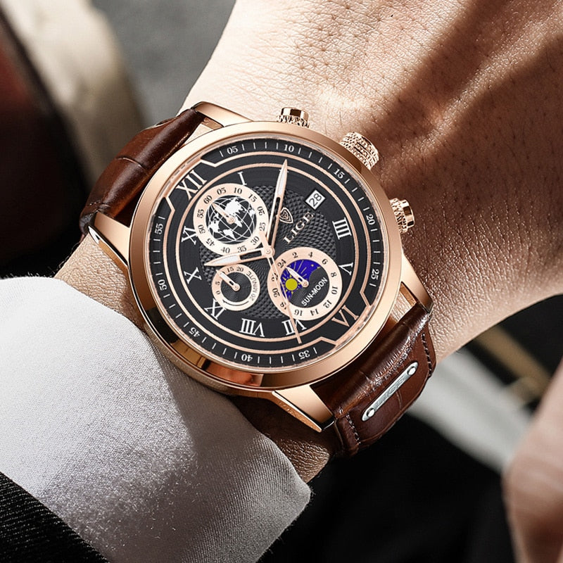 Präzises Chronographen-Zifferblatt einer eleganten Herren Armbanduhr mit Funktionen und klarem Design.