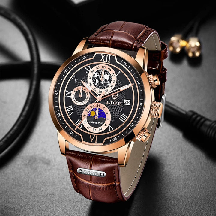 Männeruhr: Herren Chronograph Armbanduhr mit Lederarmband elegant am Handgelenk getragen, Business-Look.
