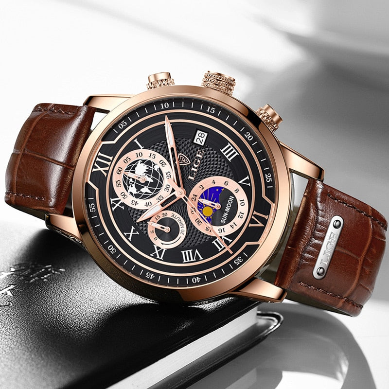 Luxuriöse Herren Lederuhr als perfekte Geschenkidee, zeitlos, stilvoll und mit präzisem Chronograph.
