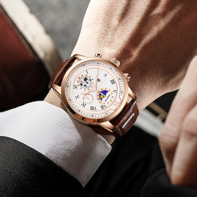 Klassische Herren Armbanduhr mit Chronograph und dunklem Echtlederarmband für einen zeitlosen Auftritt.
