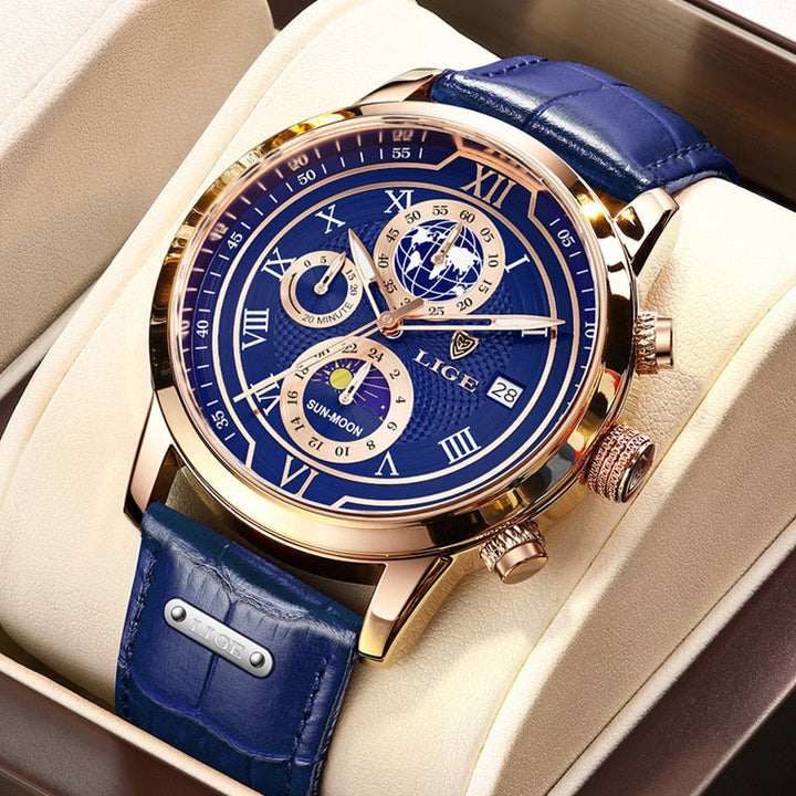 Seitliche Ansicht des eleganten Herren Chronographen mit Echtlederarmband, stilvolles Herrenaccessoire.