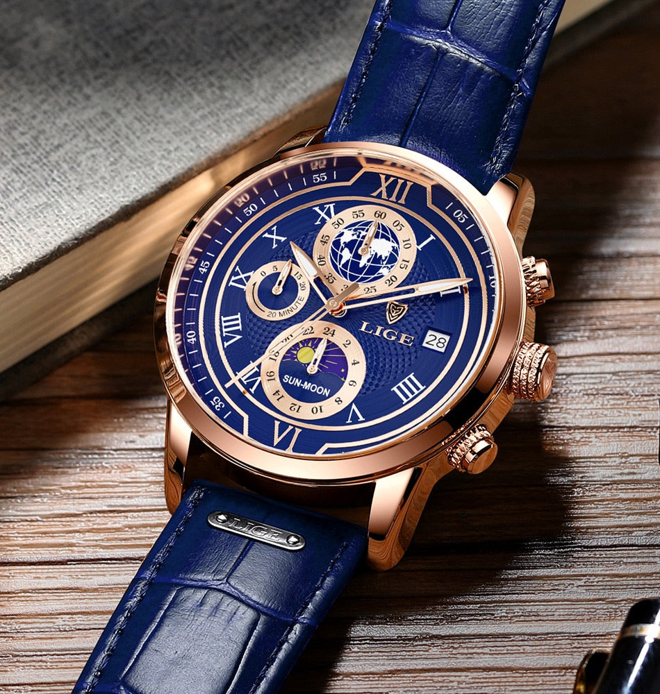 Nahaufnahme der funktionalen Chronographen-Drücker und der Krone einer robusten Herren Armbanduhr.