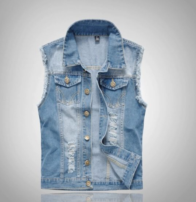 Dunkelblaue Herren Jeansweste mit Revers und Knöpfen. Lässige Vintage-Denim-Weste, vielseitige Herrenmode.