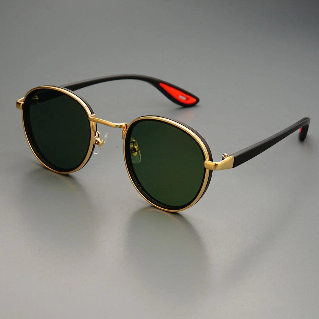 Detailbild der Retro-Herrensonnenbrille mit UV400 Schutz, betont die Qualität und das Design.