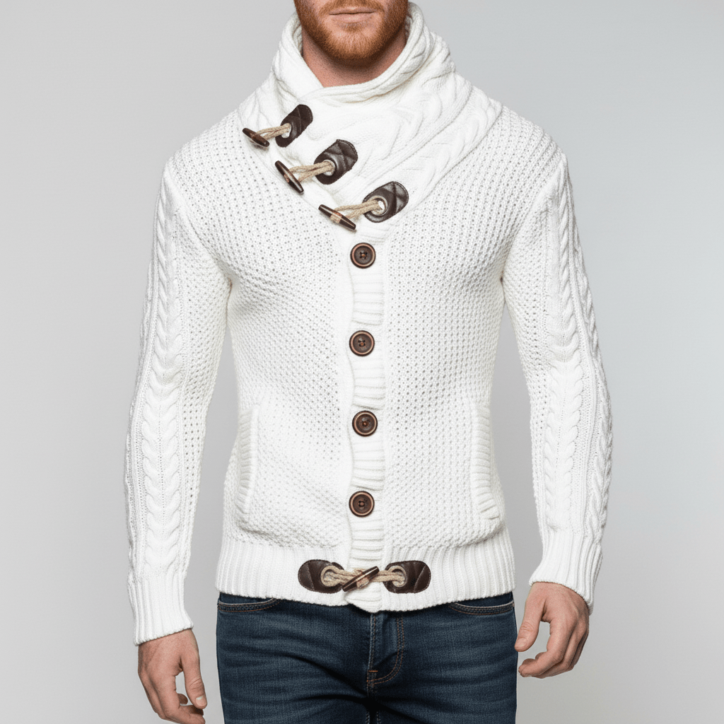 Frontansicht des Nicholas Herren Grobstrick-Cardigans, stilvoll & warm für den Winter.