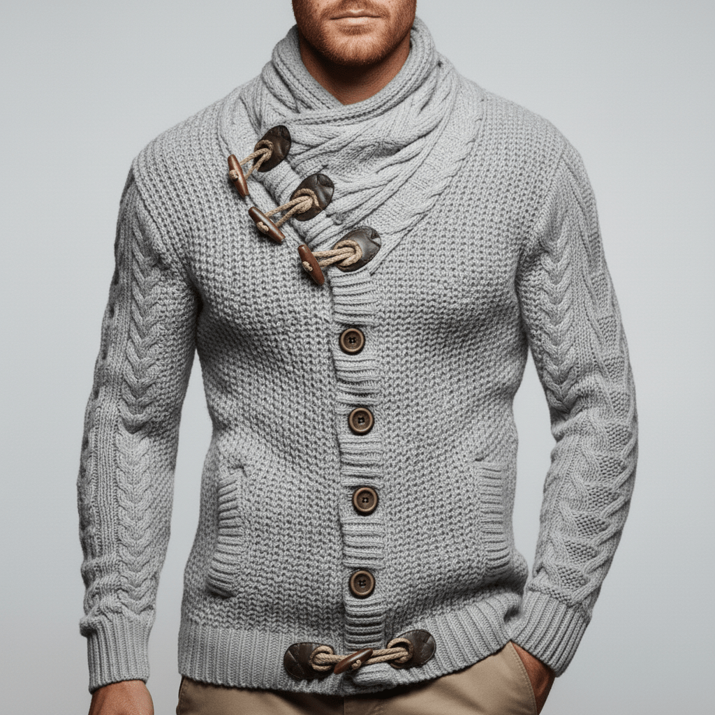Rückansicht des Grobstrick-Cardigans für Herren, bequeme Oberbekleidung für Herbst/Winter.