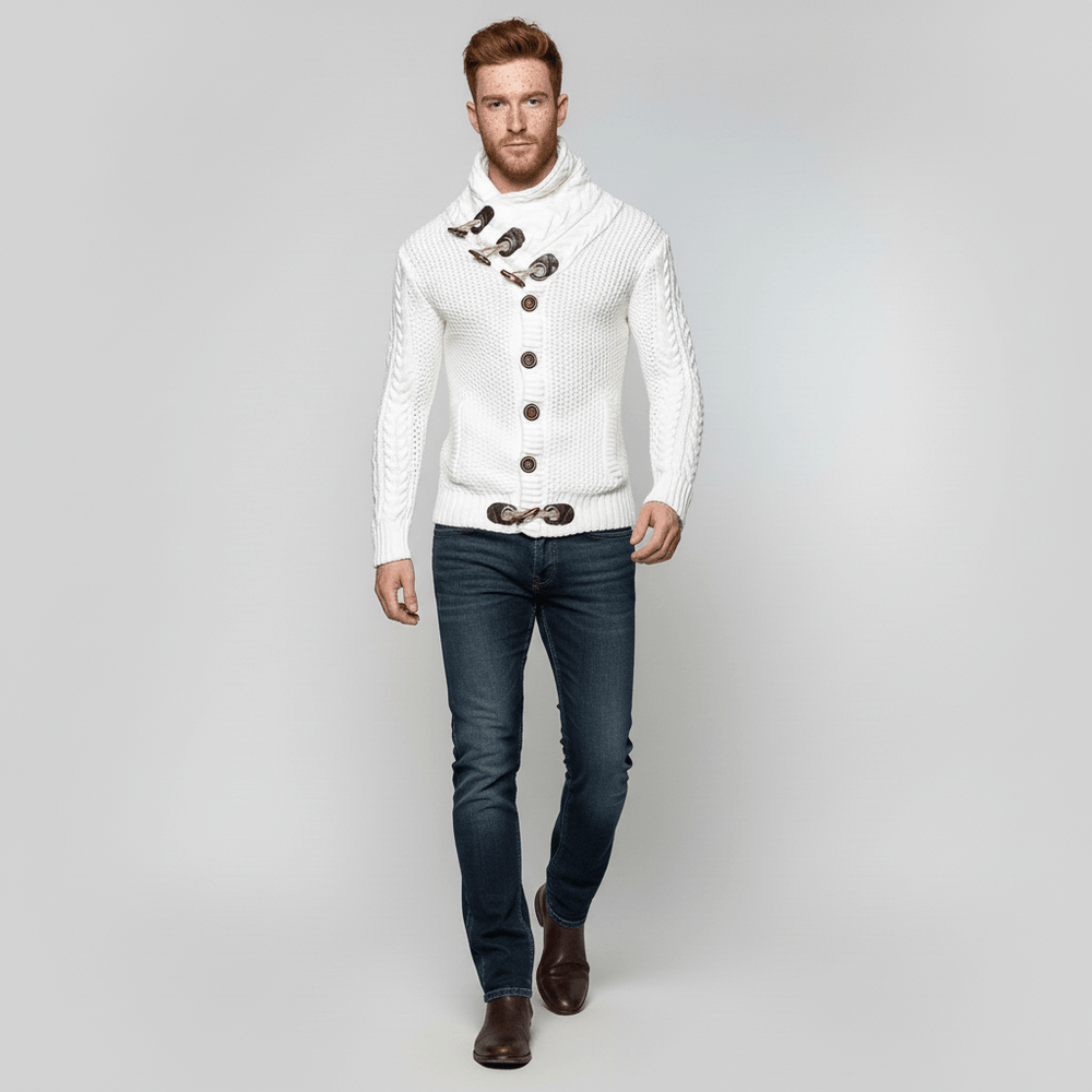 Stilvoller Herren Strick-Cardigan mit Stehkragen, ideal für Freizeit & Komfort im Herbst.