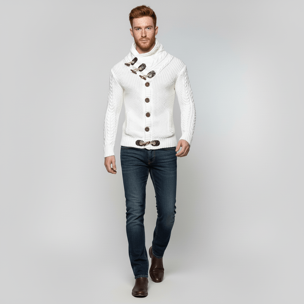 Stilvoller Herren Strick-Cardigan mit Stehkragen, ideal für Freizeit & Komfort im Herbst.