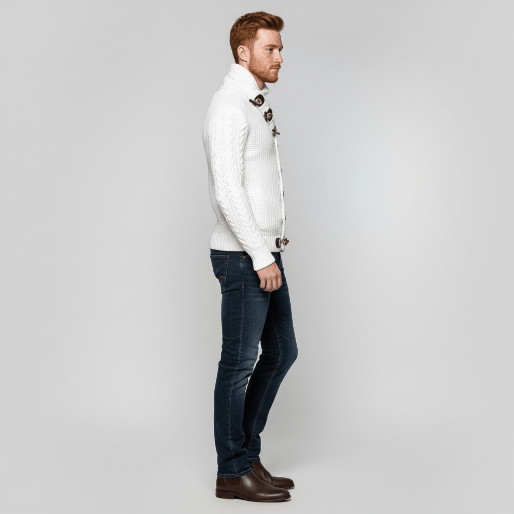 Lässiger Grobstrick-Cardigan für Herren, warmer Vintage-Look für kühle Herbsttage.
