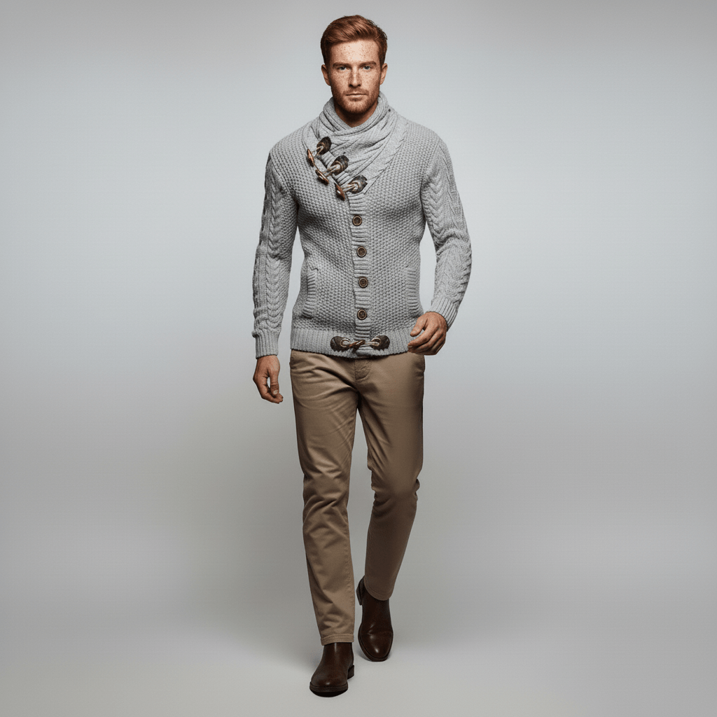 Mann trägt bequemen Grobstrick-Cardigan (Nicholas) für lässige Herbst-Freizeitmode.