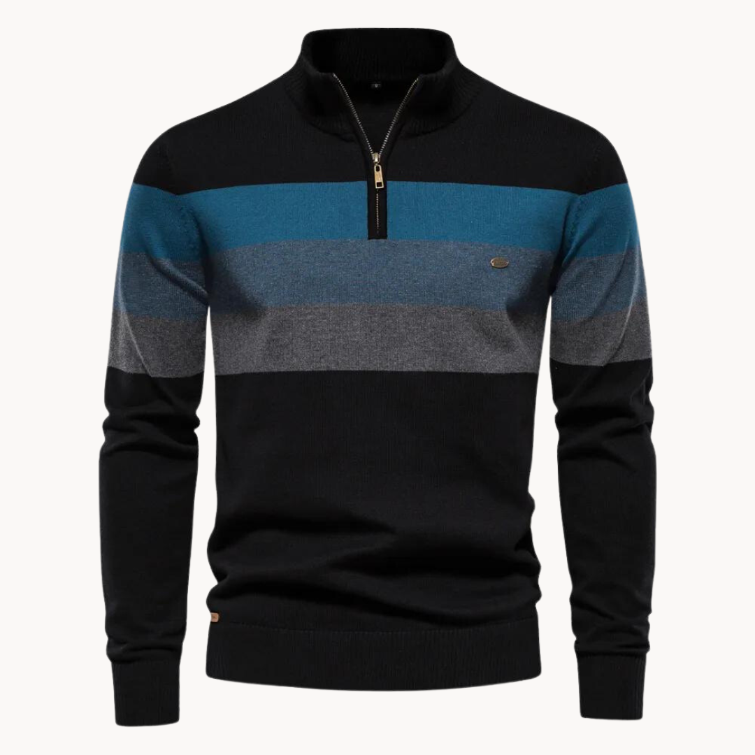 Mann im gestreiften Toby Halbzip Pullover genießt Freizeit. Eleganter Herren Strickpullover, Casual Chic.
